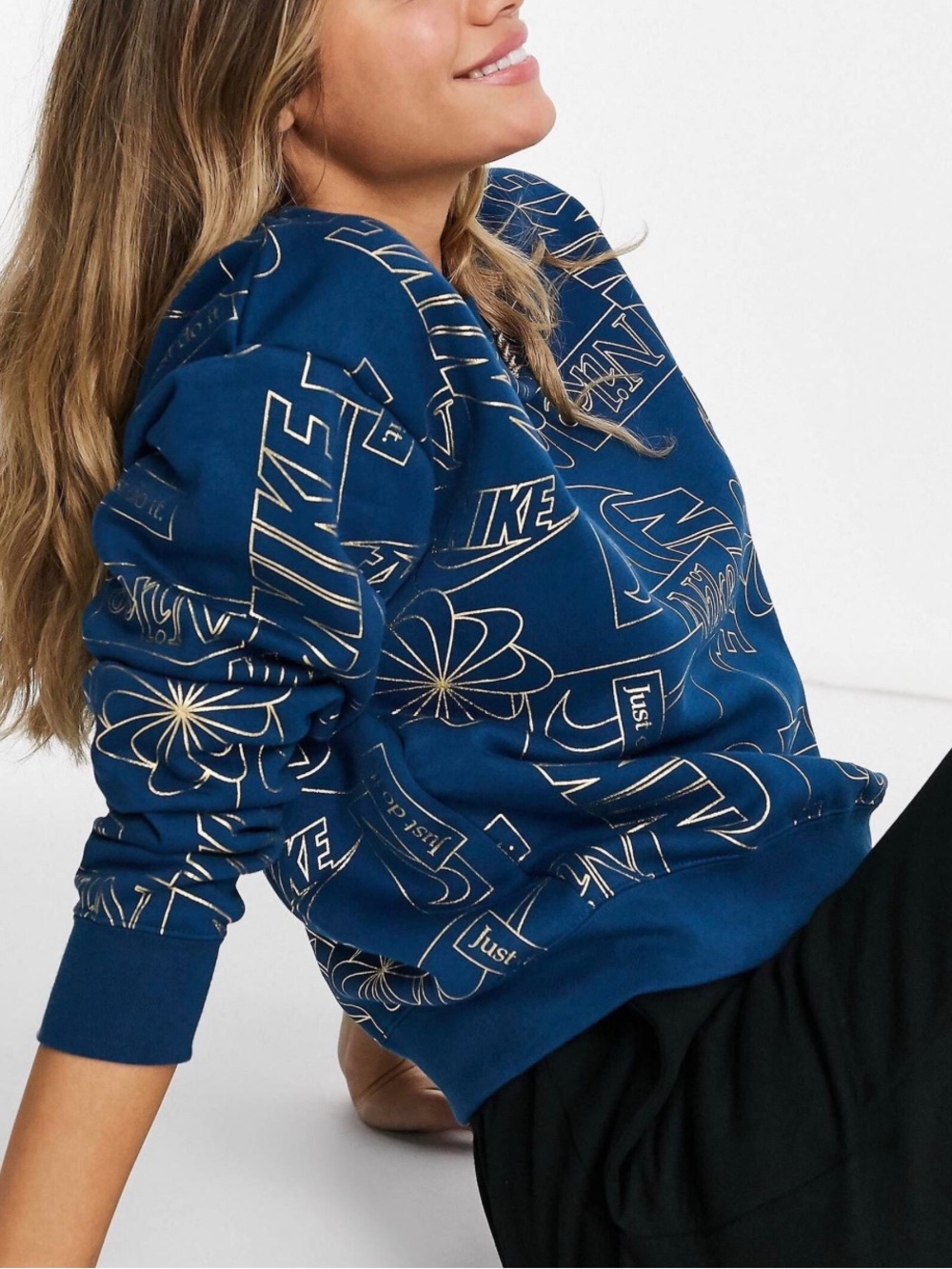 Nike Navy Blue Crewneck Sweater with Gold Graphic Logos